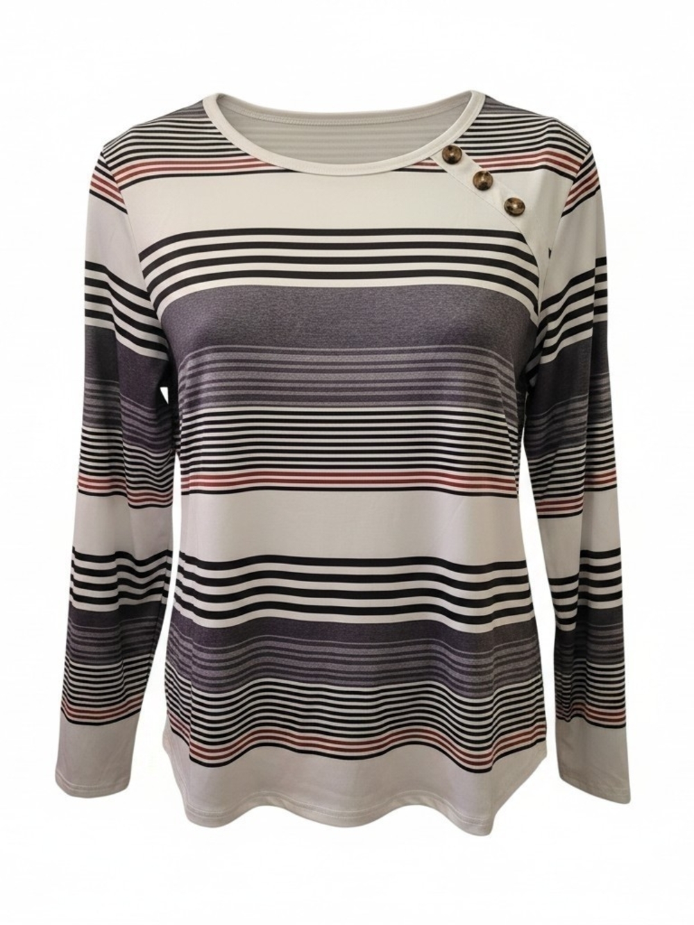 Zitlo Striped Long-Sleeve Crewneck Top with Button Detail - White/Black/Pink XXL